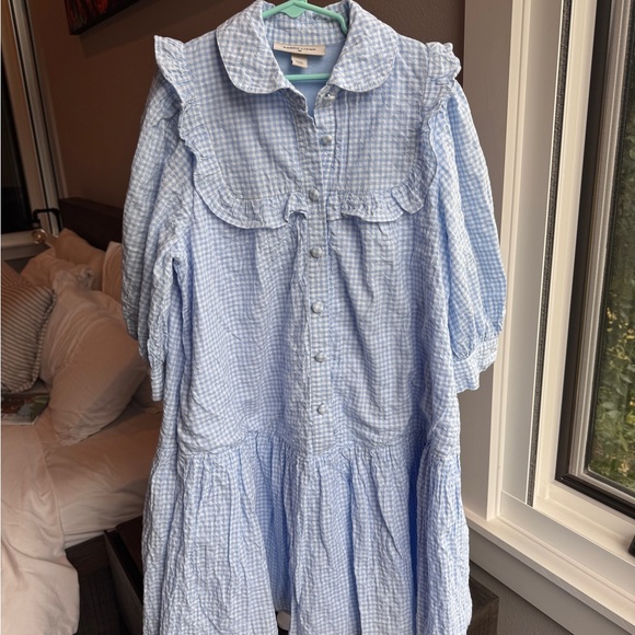 Sandy Liang Dresses & Skirts - Sandy Liang Petite Light Blue Gingham Ruffle Collar Mini Doll Style Dress